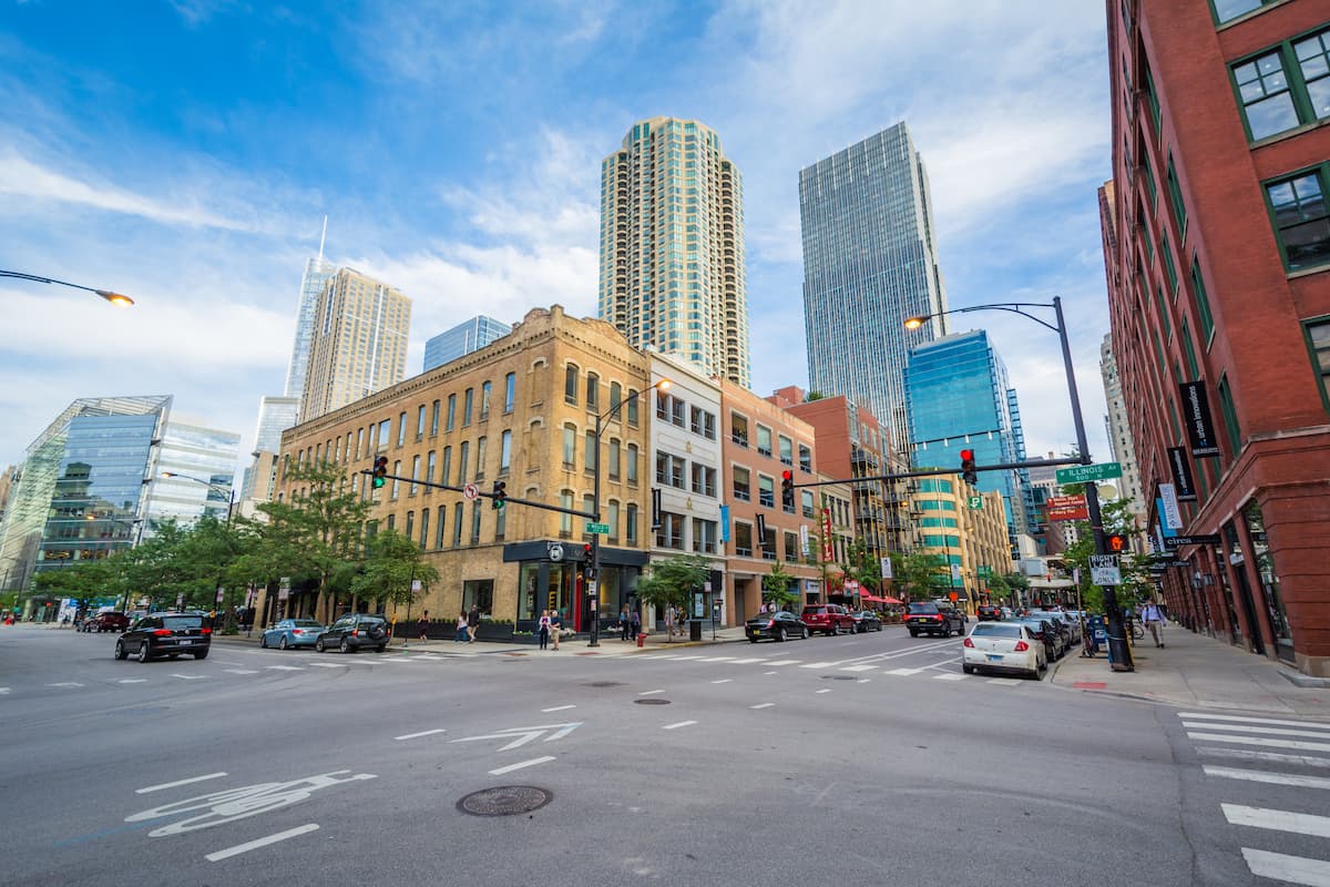 River North streetscape with downtown Chicago towers